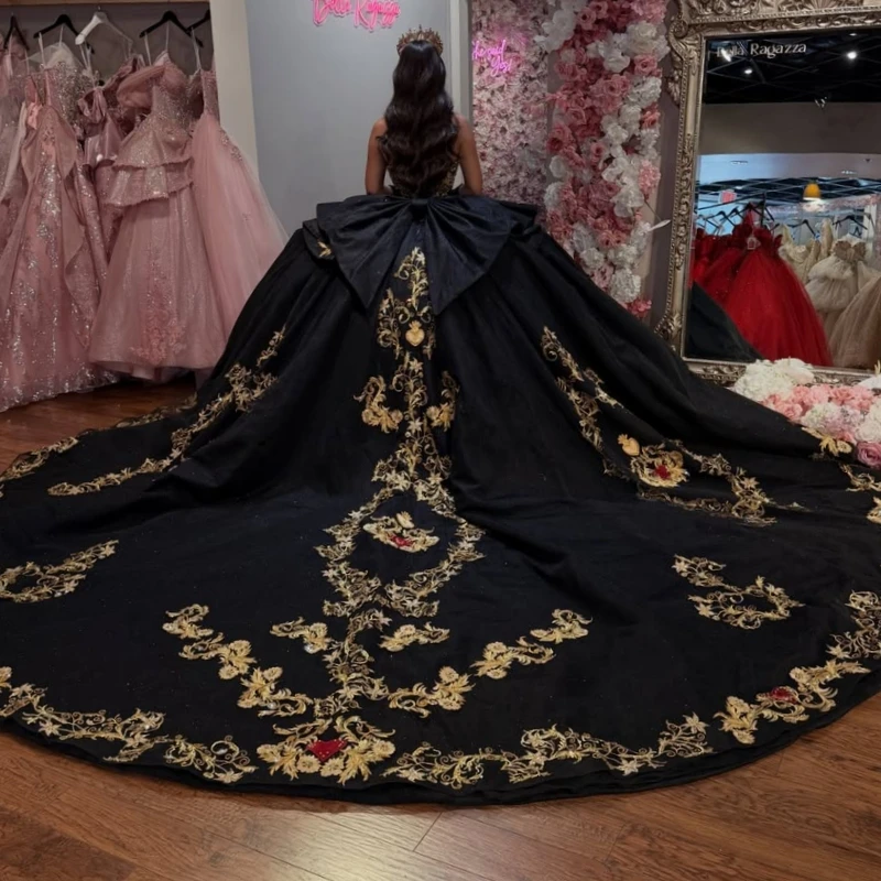 Black Glitter Quinceanera Dresses Off Shoulder Ball Gown Sweet 16 Dress Gold Applique Lace Beading Bow Tull Corset Party Birthda