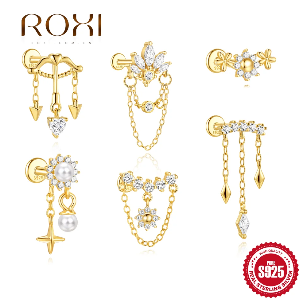ROXI 925 Sterling Silver Horse Eye Crown/Cupid's Arrow Love Chain Tassel Women's Cartilage Helix Piercing Earring Romantic Gifts