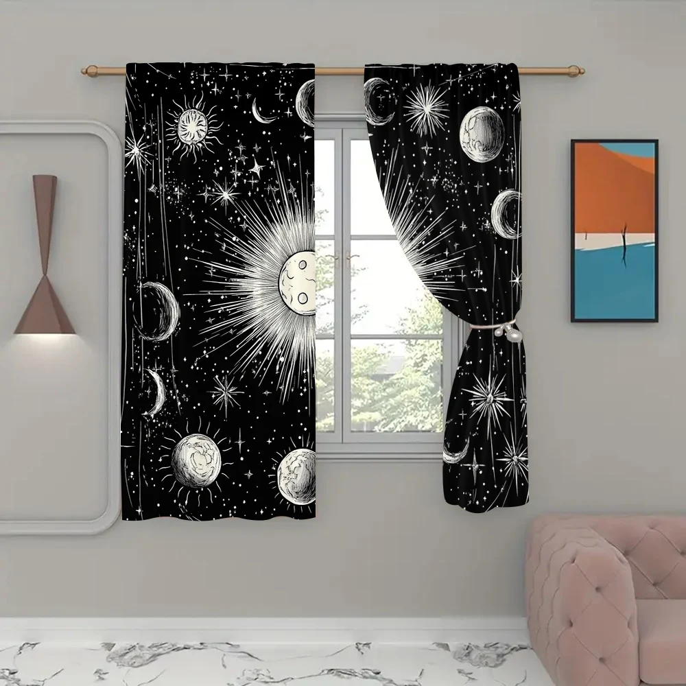 2Pcs Sun And Moon Printed Curtains Boho Exotic Decor Curtains For Bedroom Living Room Bohemian Tribal Black Window