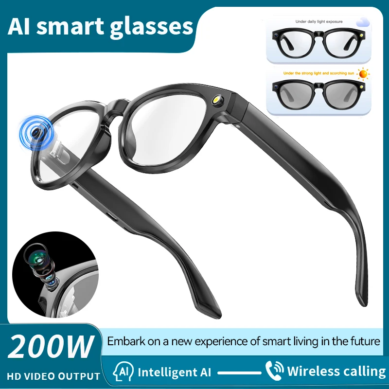 

LIGE 200 Вт камера для видеосъемки, умные очки, звуковые динамики с открытым ухом, Bluetooth-вызовы, носимые умные солнцезащитные очки с фотохромными линзами