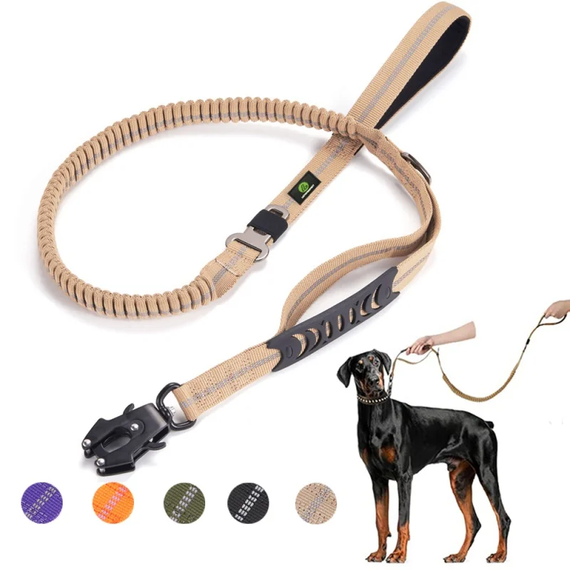 Heavy Duty Bungee Dog Leash Tactical Reflective Shock Absorbing Leashes Quick Release Carabiner Car Seatbelt for Large Dogs