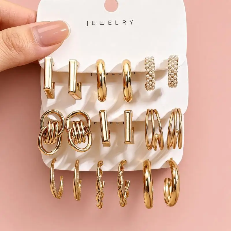 3/9 Pairs Women Assorted Golden Earrings Set Pearl Stud Twisted Hoop Drop Earrings for Date Party Fashion Accessories