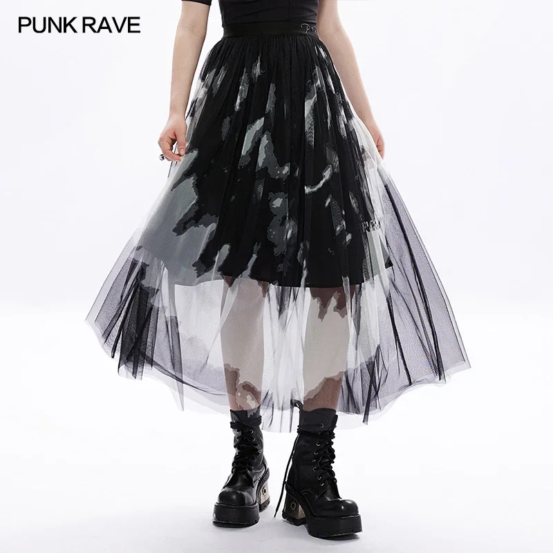 

PUNK RAVE Women's Daily Tie Dyed Gauze Skirt Letter Embroidery Logo Rivet At Waist Fashion Girl Mid-length Skirts Spring&Summer