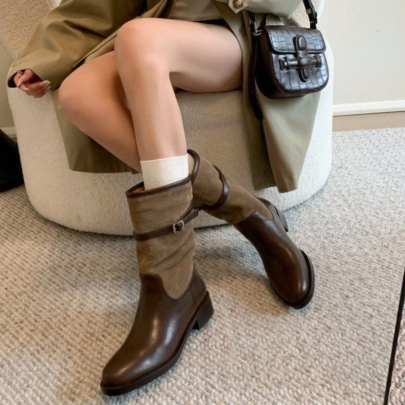 البائع الساخن 2026 المرأة الجديدة تشيلسي الأحذية الرجعية المرأة سميكة سوليد أحذية كعب سميك الجوارب المرنة المرأة حذاء من الجلد تشيلسي #5