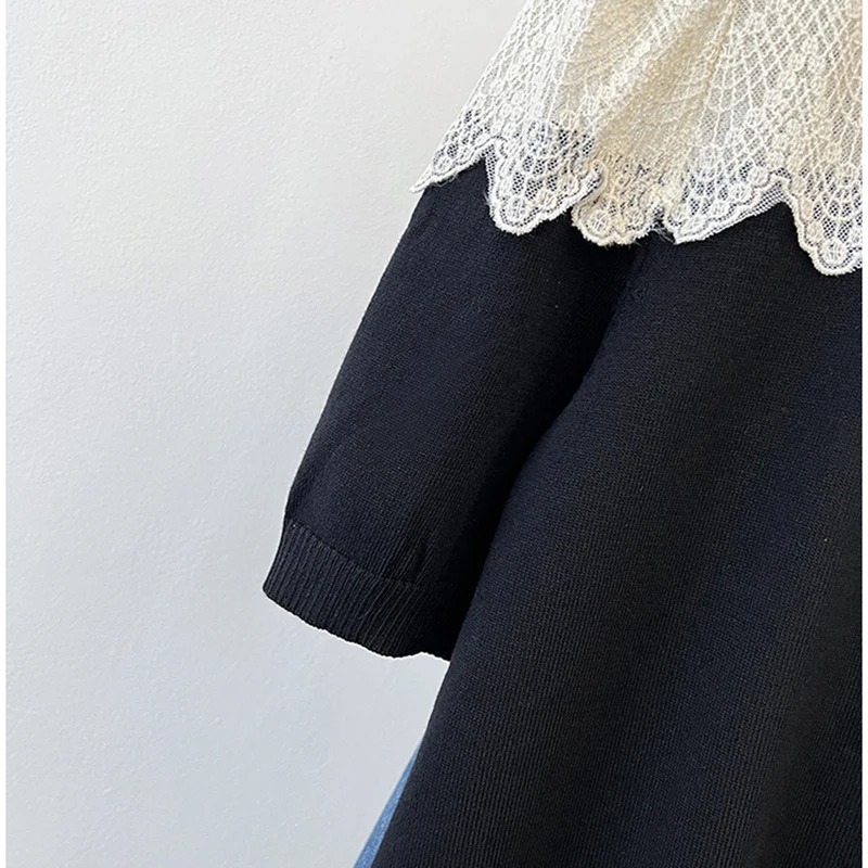 Patchwork renda feminina de malha cardigan camisa roupas verão alta estiramento manga curta solta senhoras topos