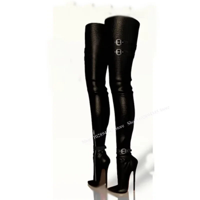 Black Buckle Over Knee High Boots Thin High Heel Pointed Toe Fashion Sexy Cool 2024 Winter Big Size Woman Shoes Zapatillas Mujer