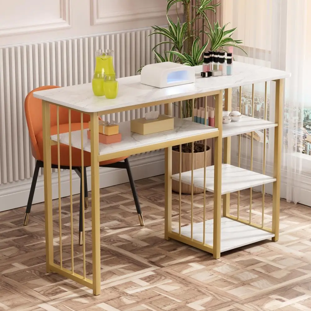 Nail Table, Manicure Table Nail Station, Marbling Texture Manicure Desk with Multi Open Shelves, Nail Tech Desk for Salon Spa