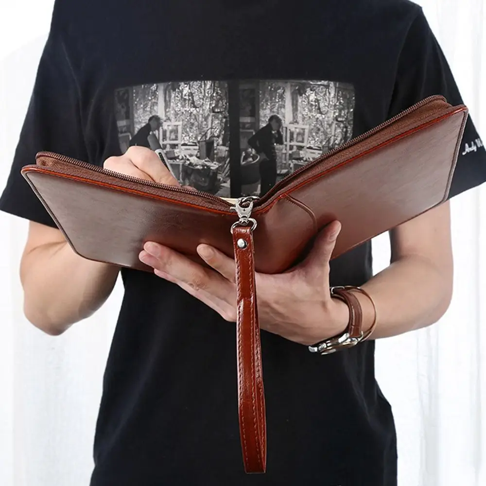 Portable File Folder PU Leather 6-Ring Work Record Book Card Holder Zippered Closure Loose Leaf Notebook Conference Use