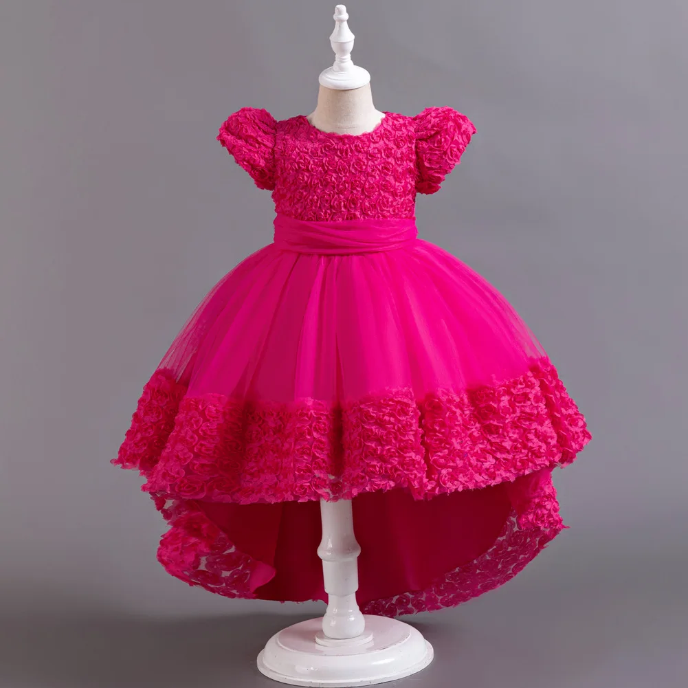 Girl's 3D Flower Carved Boutique Dress, Gorgeous Style Princess Dress With Tail, Wedding Party Birthday Party Prom Performance O