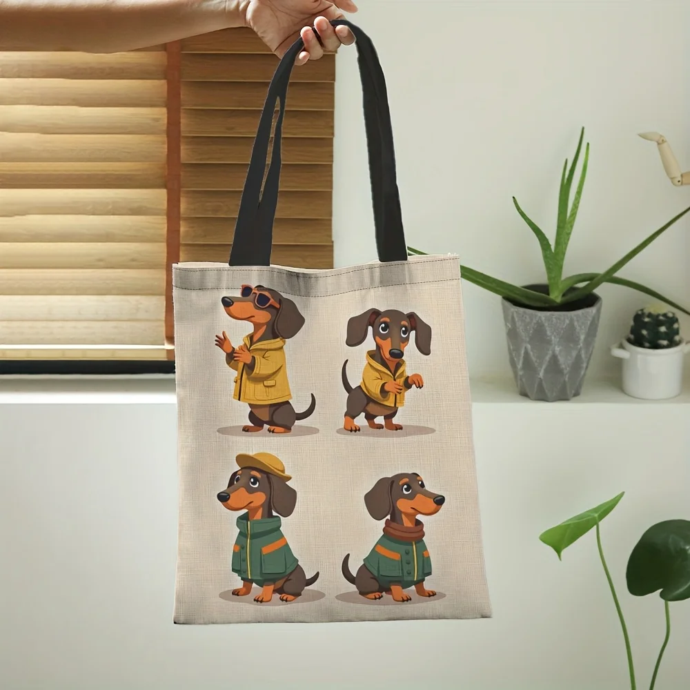 1pc Dachshund Dog Print Tote Bag Cute Sausage Dog with Dachshund Face  Durable Bookbag for Grocery Shopping Storage Pouch