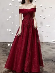 CustomizedTemperament Off Shoulder Burgundy Prom Dresses Women Appliques Shiny Long Cocktail Party Gowns Elegant Banquet Vestido