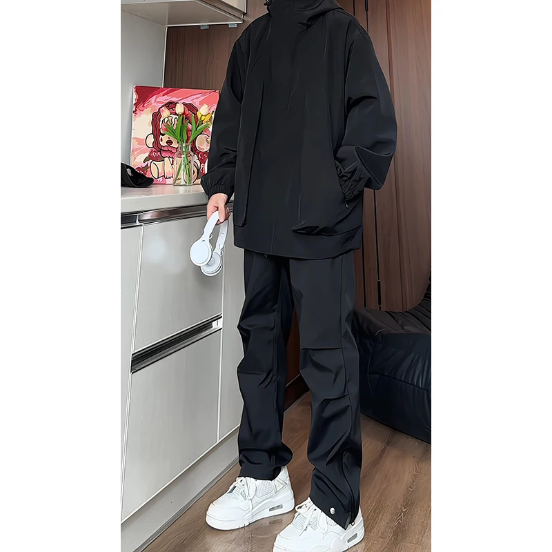 Men Streetwear Tracksuit Black Hooded Jackets And  Hip Hop Pants Clothing 2 Pcs Set Suit Sweatsuit