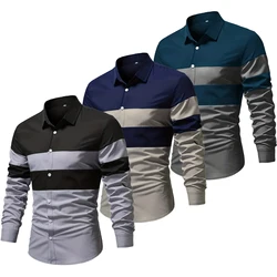 2024 New Fashion Men's Colorblock Shirt 100% Polyester Long Sleeve Casual Business Button-Down Patchwork Striped Shirt for Men