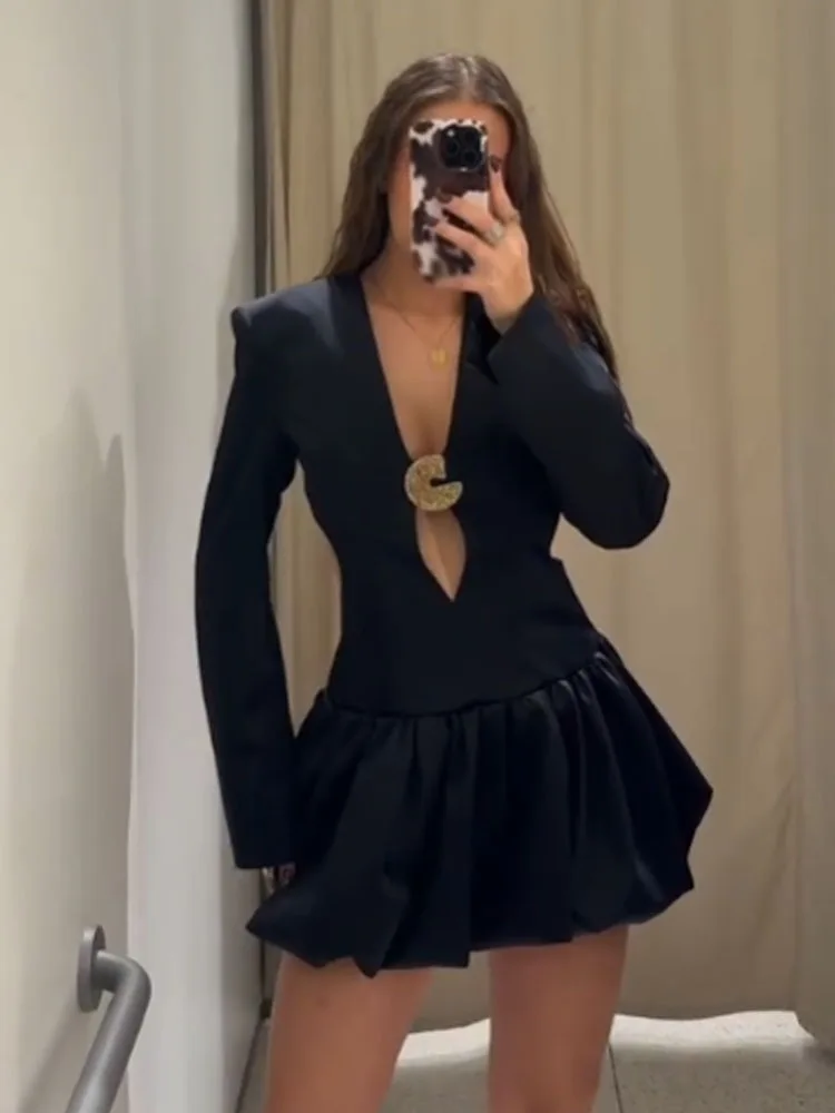 HH Women's Fashion Backless Dresses Solid V-Neck Long Sleeves Hollow Out Decorate Zipper Female Summer Sexy Slim Mini Dress