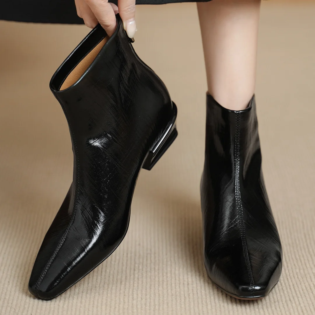 

Женские осенние ботильоны из натуральной кожи с квадратным носком и молнией сзади, повседневные женские мягкие короткие ботинки высокого качества на низком каблуке 3,5 см