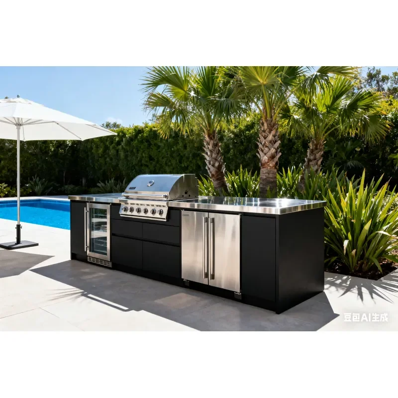 BAINENG HOT SALE Waterproof Black Modern Design Plywood Stainless Steel Outdoor BBQ Kitchen Cabinet Grill Sink Custom Cabinet