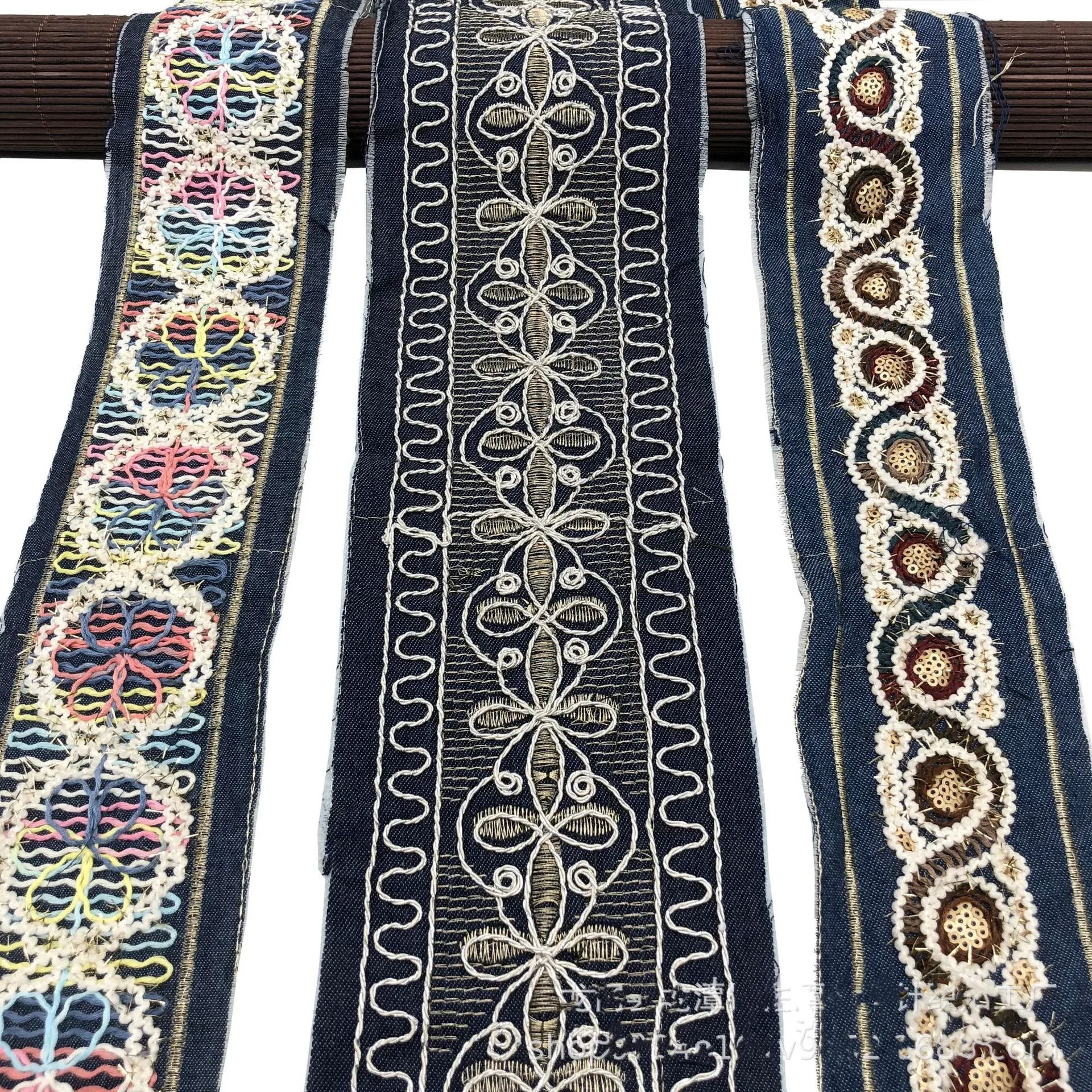 Embroidery Denim Fabric with Sequins Lace, Sewing Trim Ribbon, Ethnic Tribal,Thai, Boho,Gypsy, DIY Christmas Decoration, 1 Yards