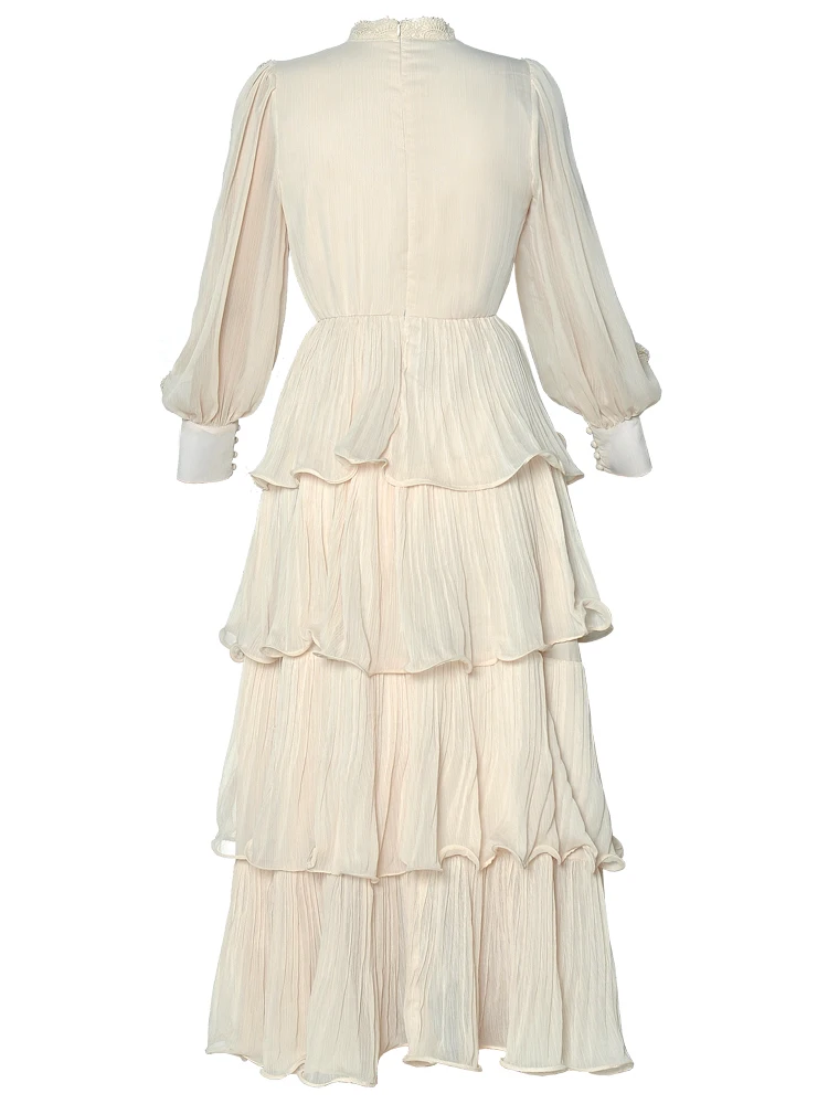 Lady's Long Cake Dress 2025 Spring And Summer Stand Collar Hook Hollow Out Embroidery Pleated Women's X-Long Dresses