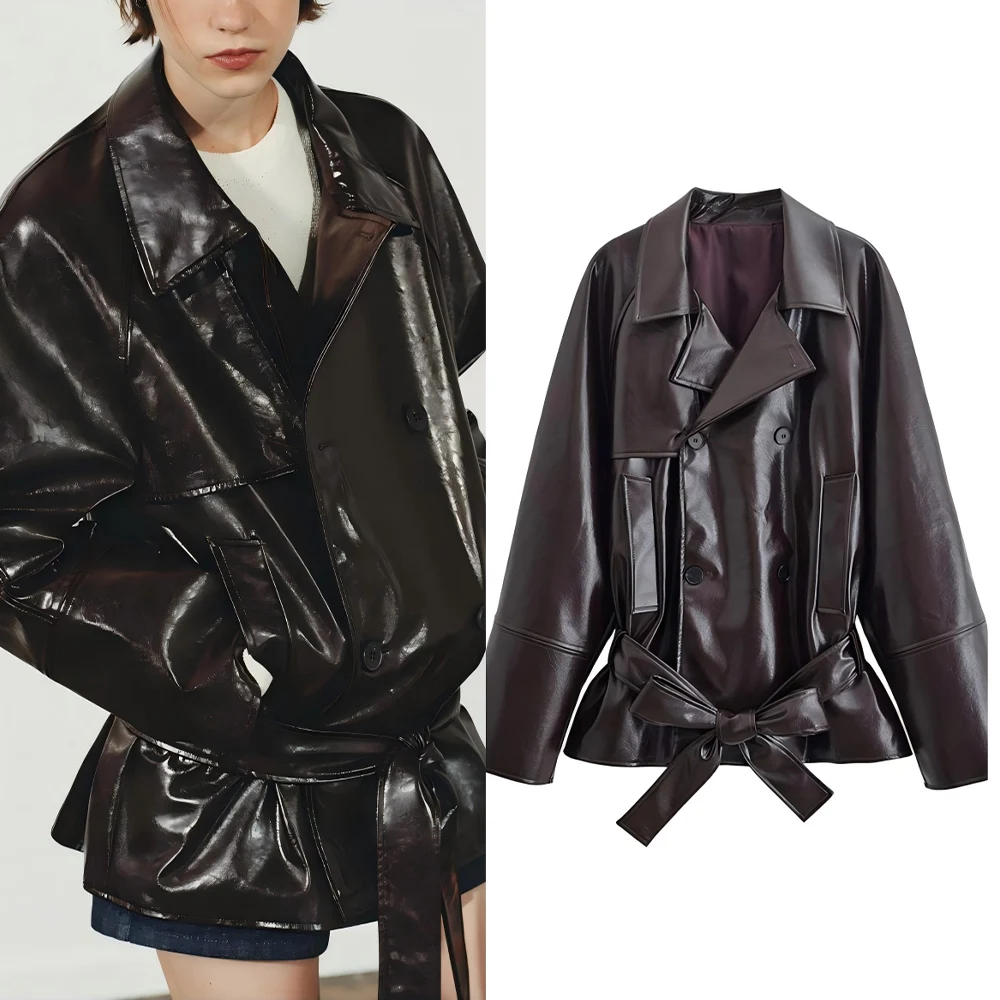 

Women's new fashion With Belt short double breasted shiny leather windbreaker Coat retro long sleeved women's Coat chic top