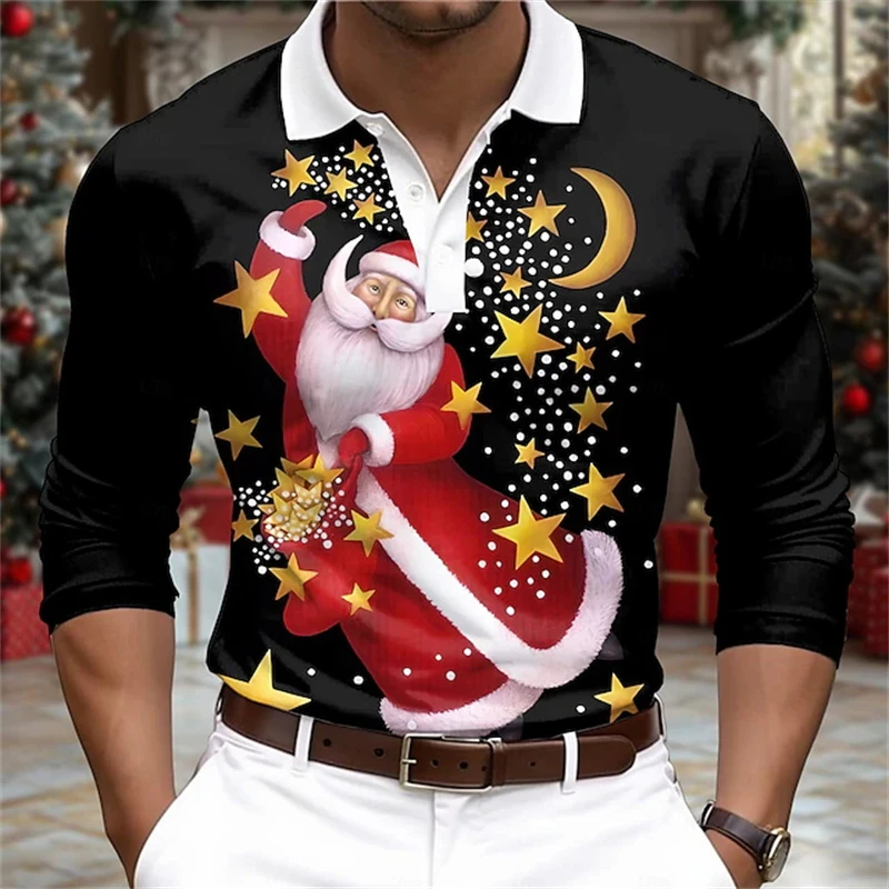 Santa Claus 3d Printed Men's Long Sleeve Polo Shirt Casual Men's Fashion Christmas Golf Shirt Autumn Holiday Party Men Clothing