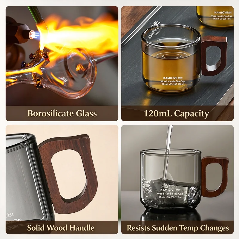 KAMJOVE 2Pcs 120ml High Borosilicate Glass Tea Cups,Wooden Handle Heat Resistant Mugs,Kung Fu Tea Drinking Cups,Anti-scald Glass