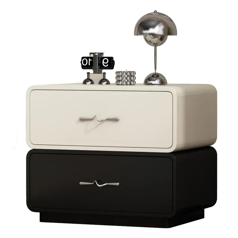 Italian Minimalist Cream‑Tone Solid‑Wood Bedside Table High‑End Contrast‑Color Small‑Luxury Nightstand Modern Storage Furniture
