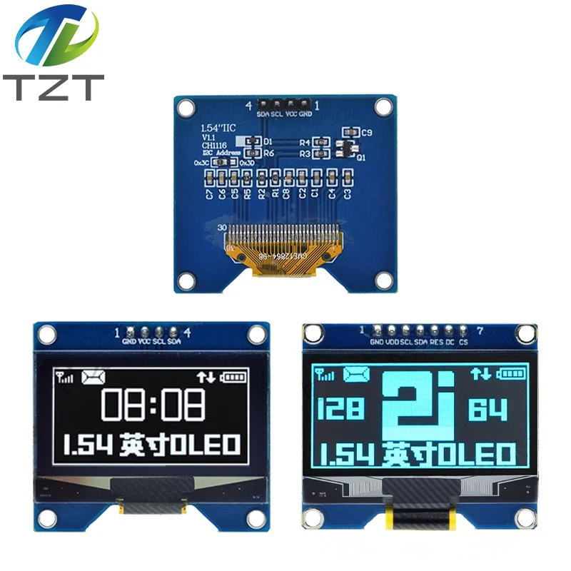 TZT 화이트 블루 OLED 스크린 모듈, SSD1309 드라이브 IC, SSD1306 SPI 인터페이스 128*64 호환, 1.54 인치, 4 핀, 7 핀, 1 개