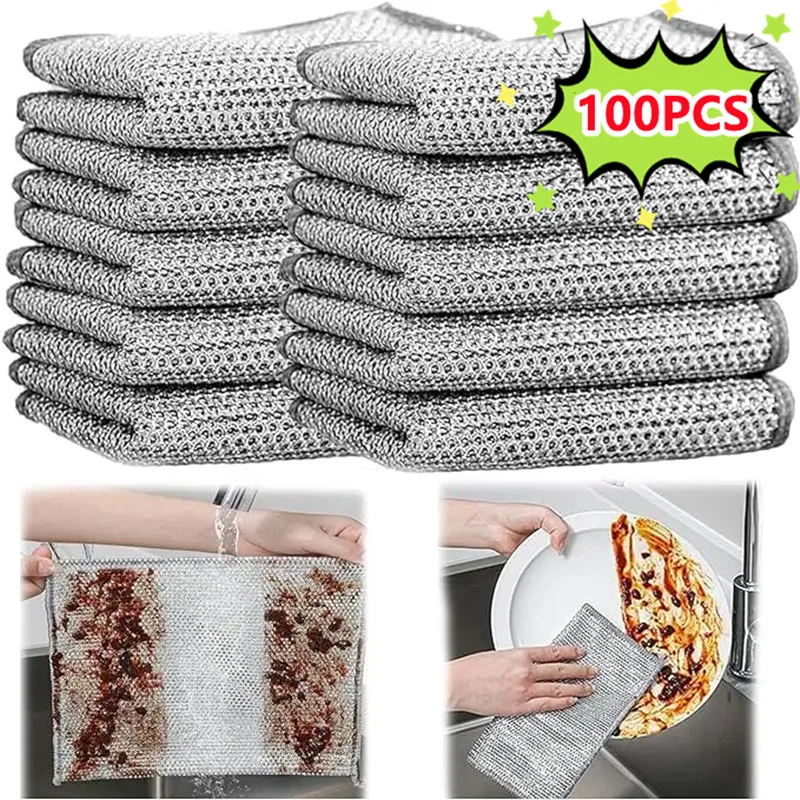 100/1pcs Thickened Steel Wire Cleaning Cloth Non-Scratch Double-layer Iron Microfiber Mesh Dishrag Washing Pot Rag Kitchen Towel