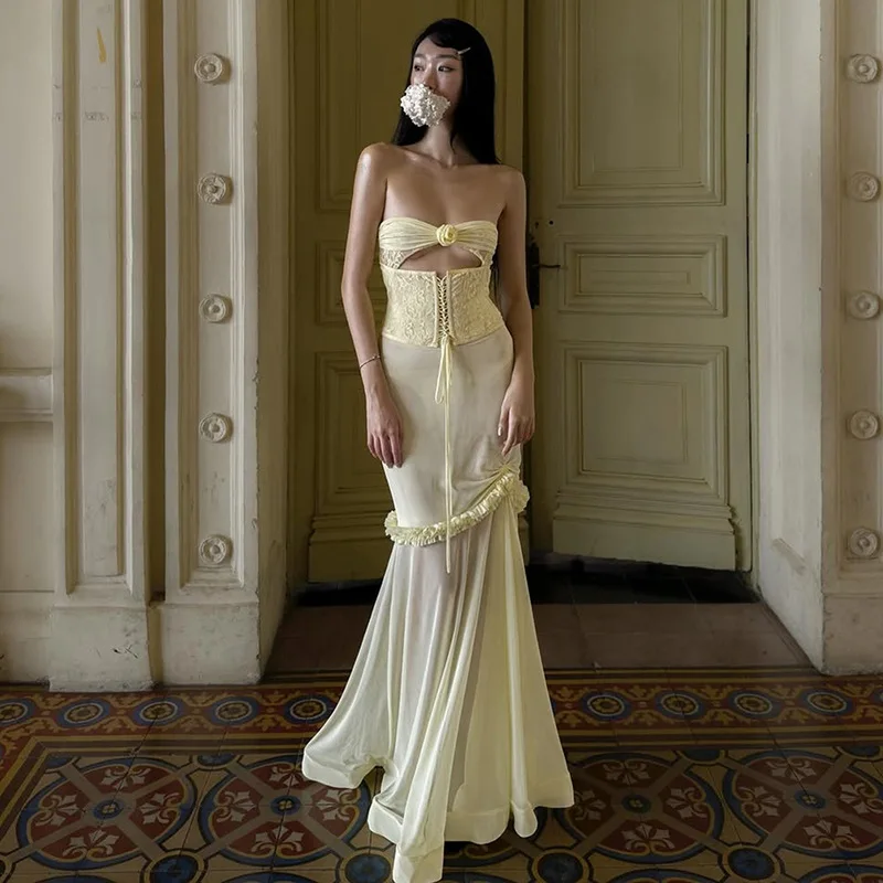 ヨーロッパとアメリカの春の新作レディースハイウエストファッションレターネックストラップレスドレス