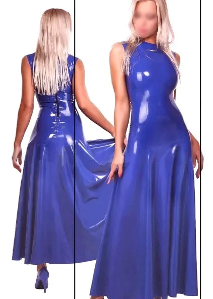 Fashion Women Sexy Latex Long Dress Fetish rubber Sleeveless Club Wear Dress With Black Zipper Party Wear  Plus Size Hot Sale