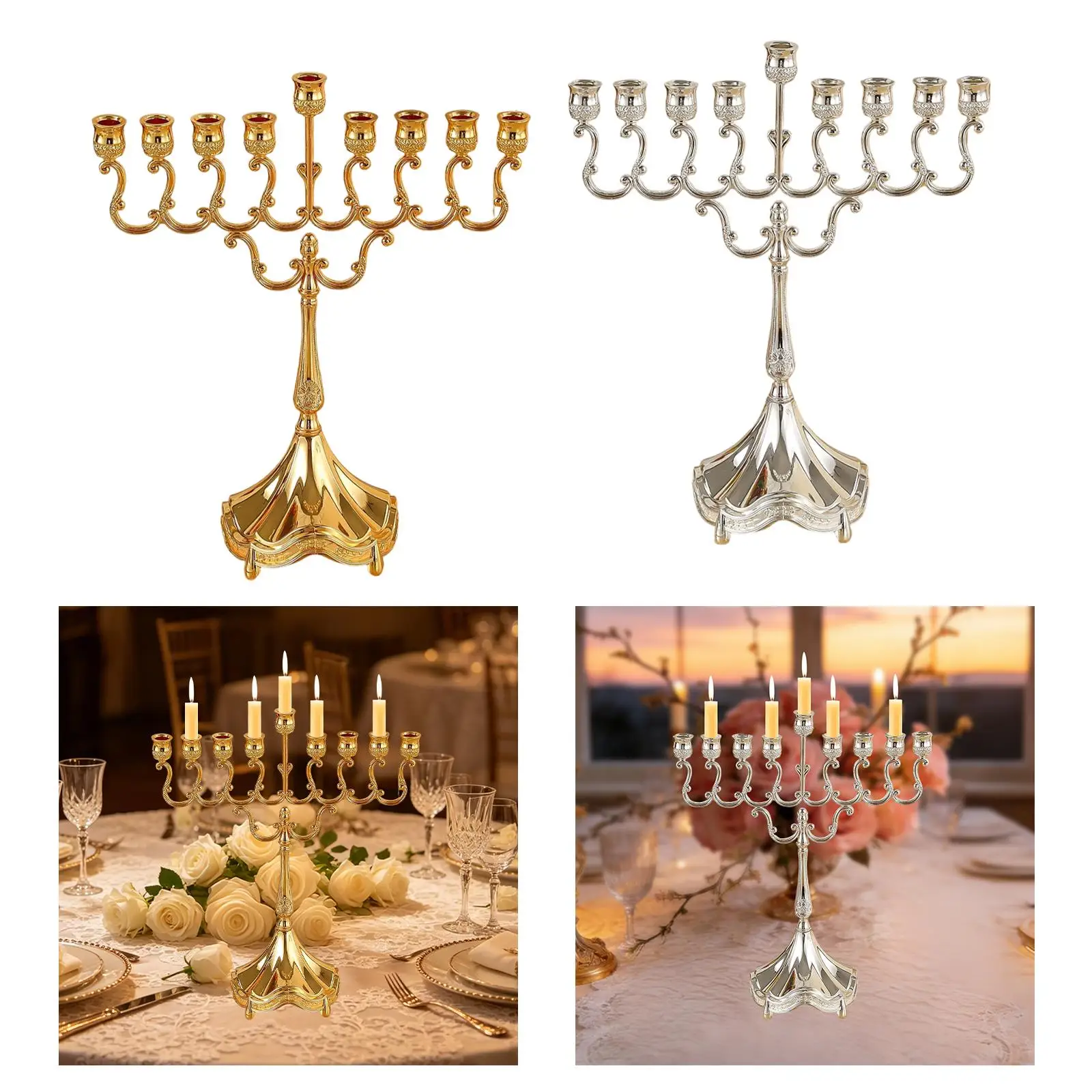 חנוכיית 9 קנים קישוט פמוט סגסוגת אבץ שולחני קנדלברה מחזיק נרות קנדלבריום לחתונה אירועים