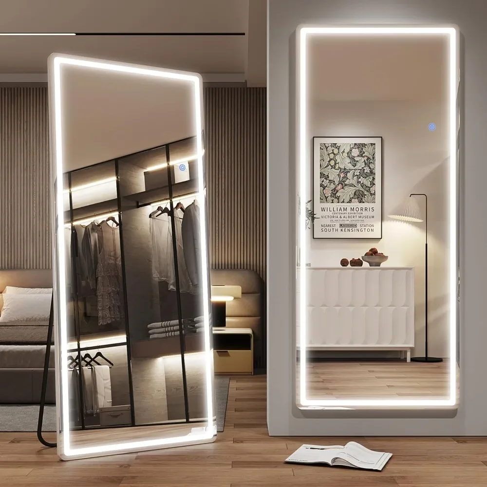 LED iluminado Full Length Floor Mirror com luz, regulável e 3 modos de cores, pendurado espelho para o quarto