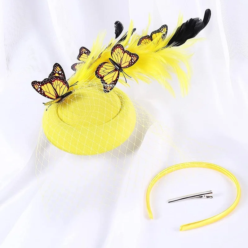 Bride Fascinator Hats For Weddings Accessories Women Elegant Butterfly Headwear Ladies Feather Church Fedora Cap Hair Pin