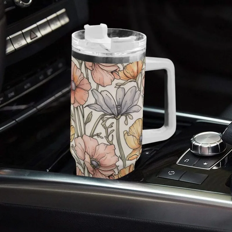 Cottagecore Wildflower 40oz Stainless Steel Tumbler with Handle, Lid, and Straw – Botanical Floral Drink Cup, Travel Mug, Gift Tumbler