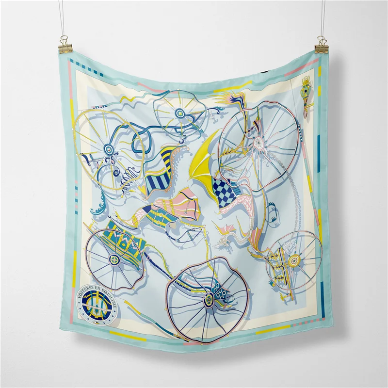 Twill Silk Scarf Woman Carriage Wheel Print Square Scarves Wraps Bandana Small Hijab Silk Foulards Tie Headband Neckerchief 53CM