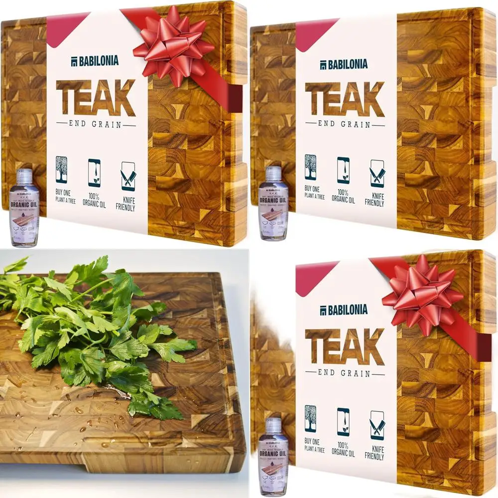 

Толстый блок для мясника из тикового дерева премиум-класса 1,7 года, разделочная доска для крупного зерна с ручкой, 19,7 x 12,2, масло и тарелка в комплекте