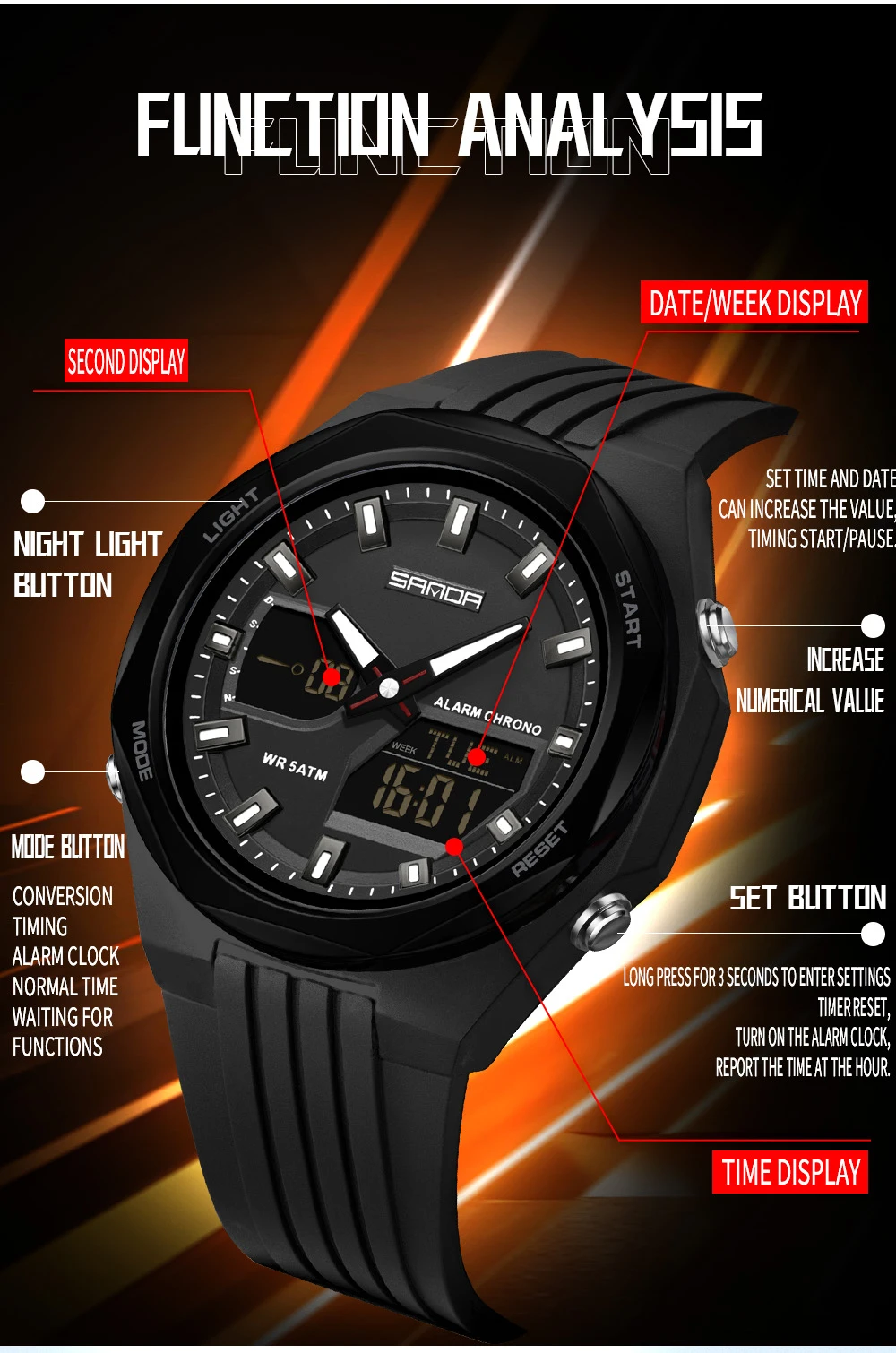 산다 6267 패션 명품 남성용 전자 쿼츠 시계 스포츠 다기능 방수 LED 학생용 전자 시계 2025