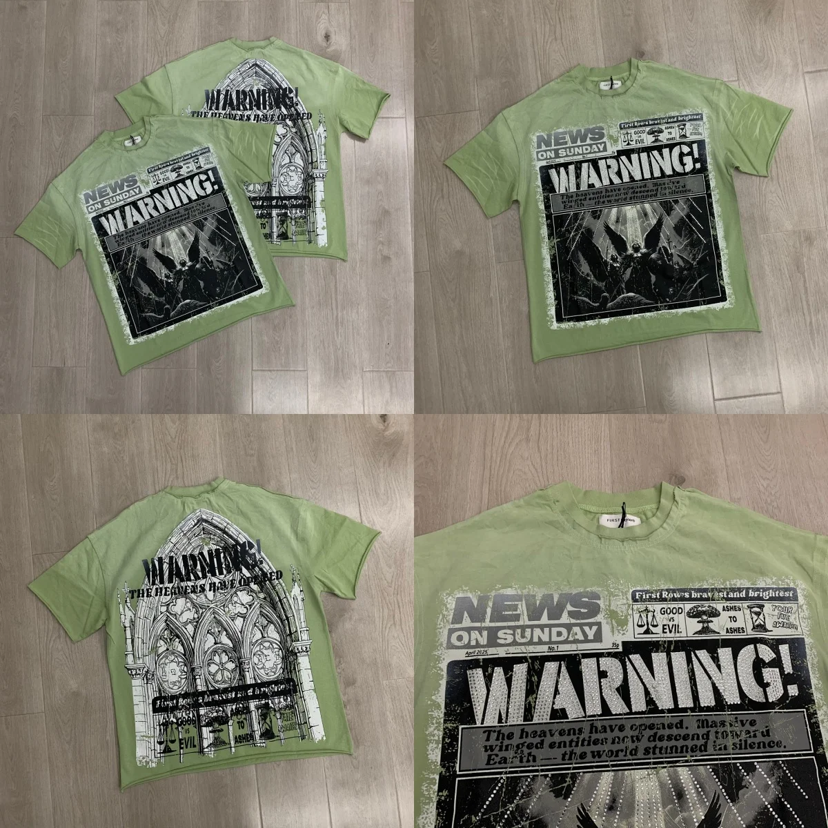 Oversized Vintage Green Tee FIRST ROW Warning Angel Newspaper Print T-shirt Retro Streetwear Loose Crew Neck Casual Shirts Men
