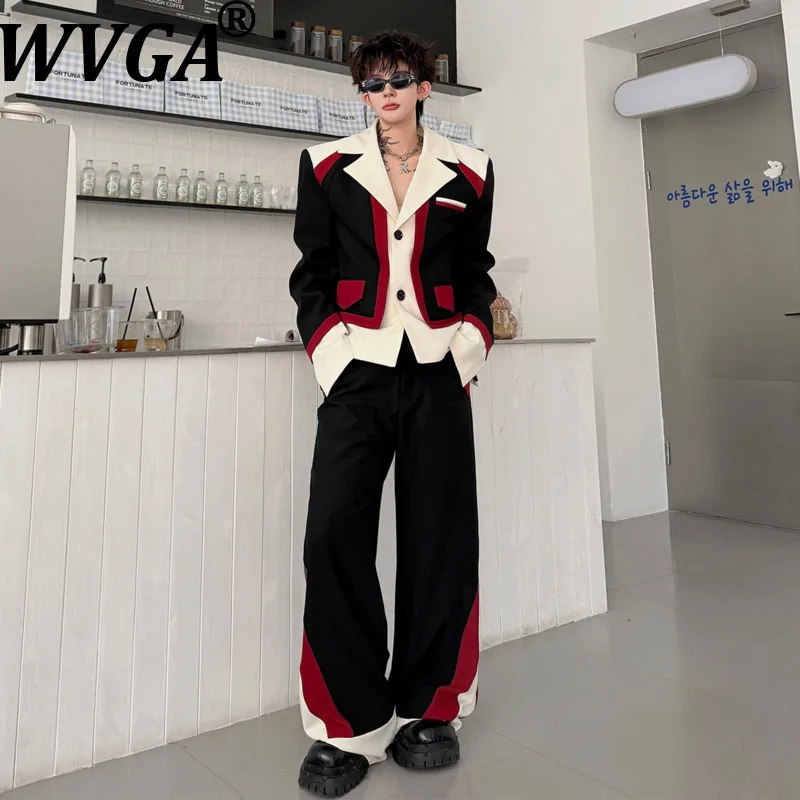 WVGA 2026 Spring Autumn New Men Multi-Color Patchwork Contrast Large Collar Blazer Niche Straight Pants Two-piece Set Ins W27078
