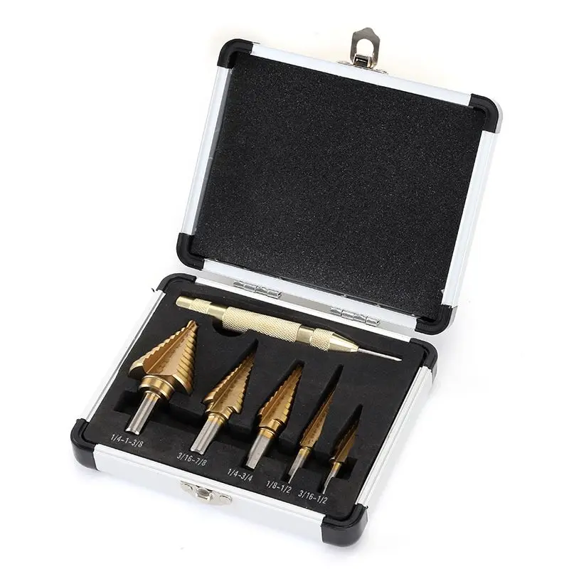 

5pcs Step Drill Bit Set 47 Sizes 3/16" To 1-3/8" Titanium Coated HSS Drill Bits 1/4" Hex Shank with Automatic Center Punch
