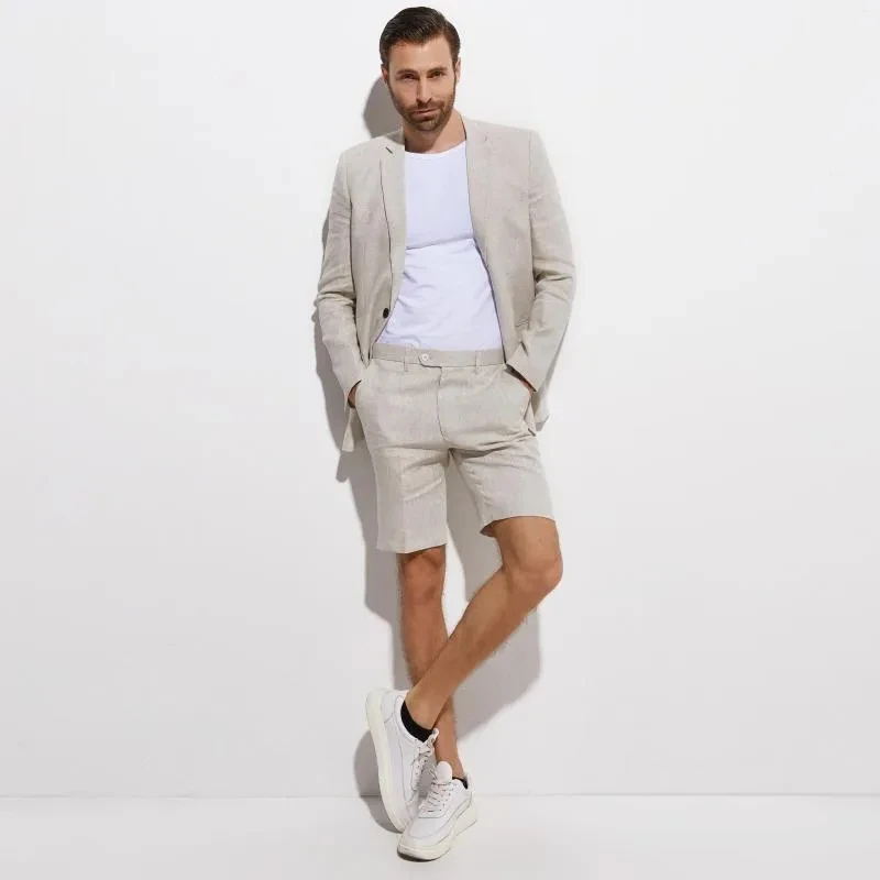 Men's Suits Custom Made Summer Linen Suit Jacket With Shorts Sand Grey Beach Wedding For Men Breathable Slim Tailored Groom