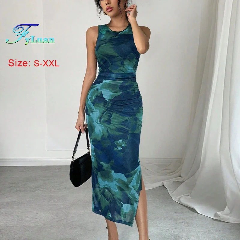 Sukienka damska letnia 2025 z nadrukiem, niebiesko-zielona, tie-dye, dopasowana, bez rękawów, długa, seksowna, z wysokim stanem, rozcięciem, podkreślająca biodra, sukienka balowa.