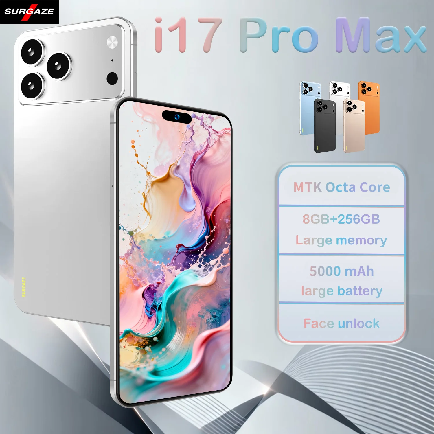 SURGAZE New i17 Pro Max Smartphone Android12 System 5000mAH 12GB+512GB 6.56Inch 24+48MP 5G Network Mobile Phone Global Version