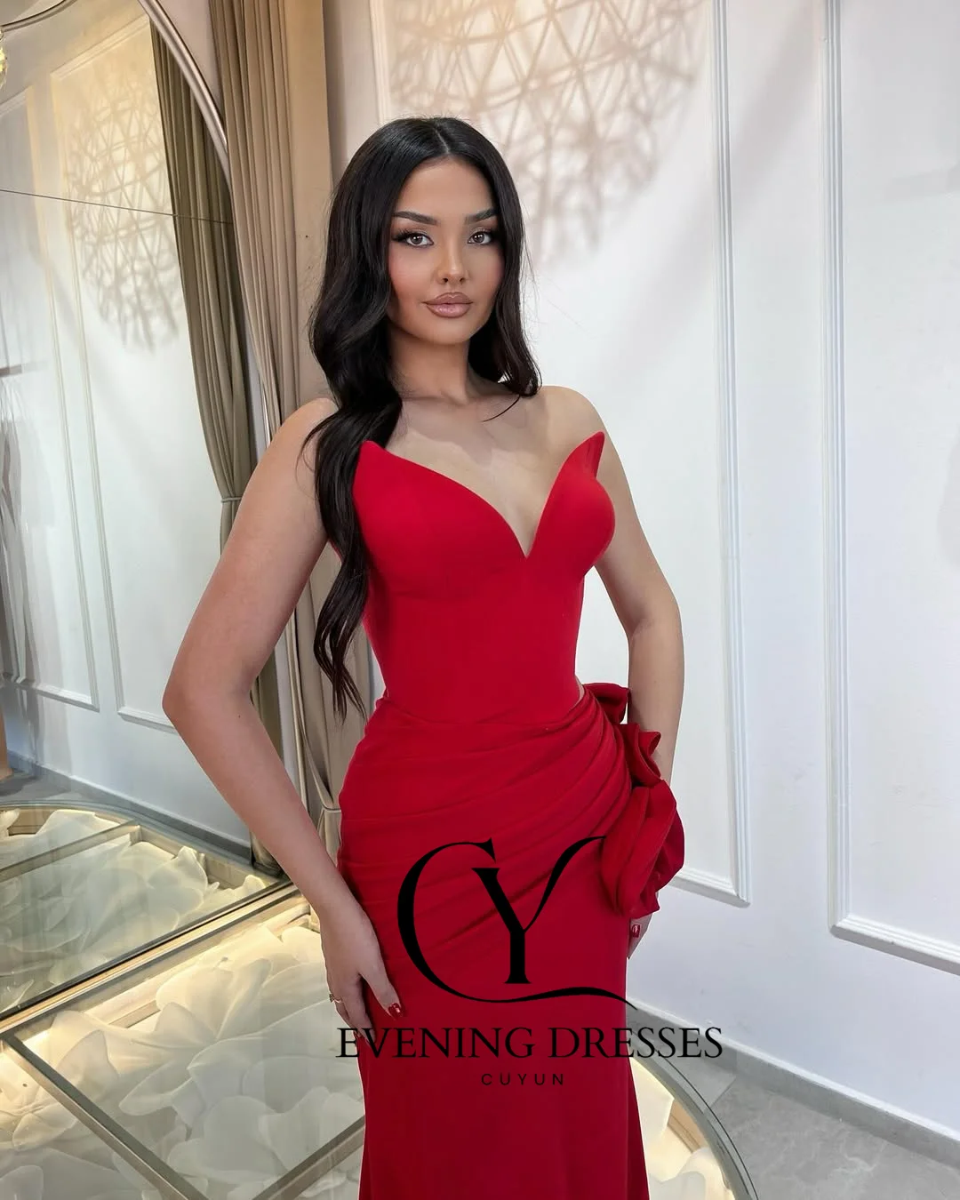 CUYUN Red Sexy Women Evening Gown for Special Occasion Strapless 3D Flowers Pleated Party Dresses Customized Banquet Dresses