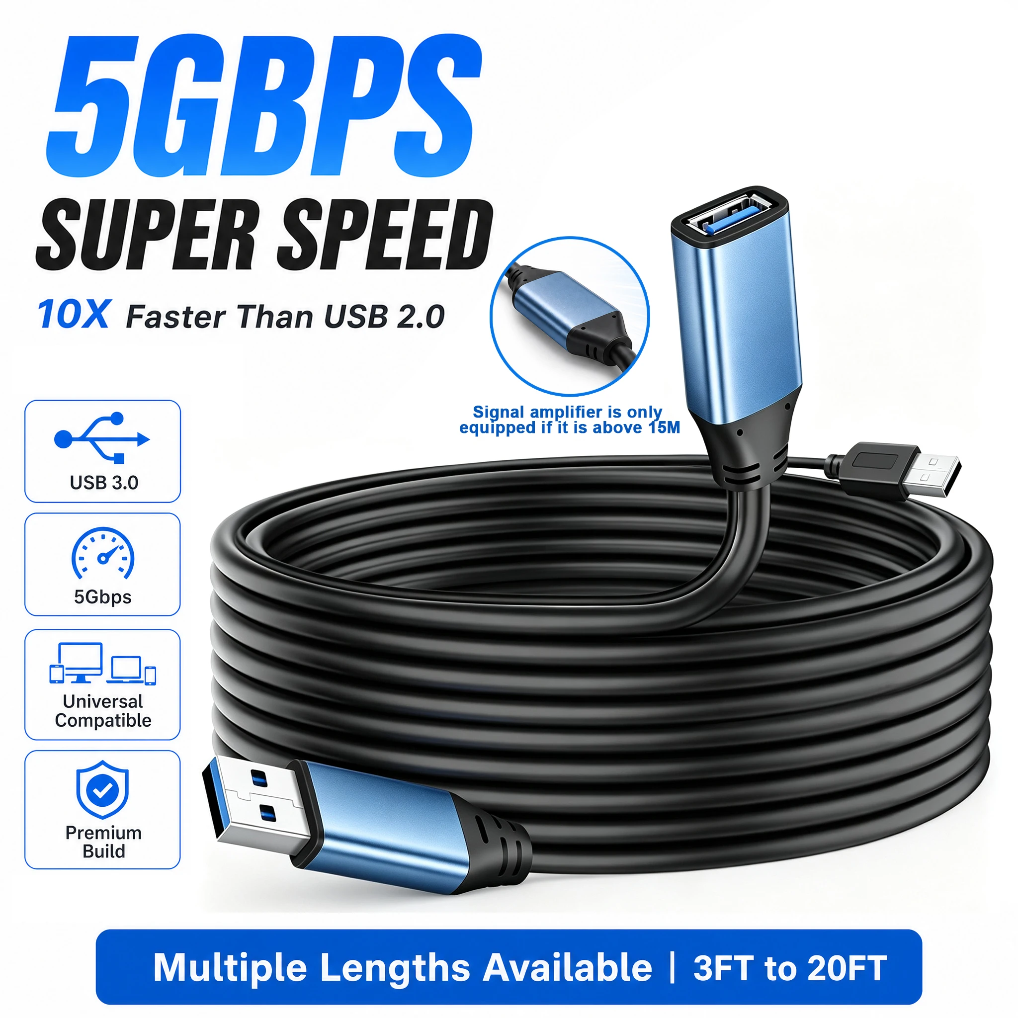 USB 3.0 Extension Cable 5Gbps Ultra High Speed Signal Enhancement Male To Female USB Data Cable 5M 10M 15M 20M 30M Long Cable