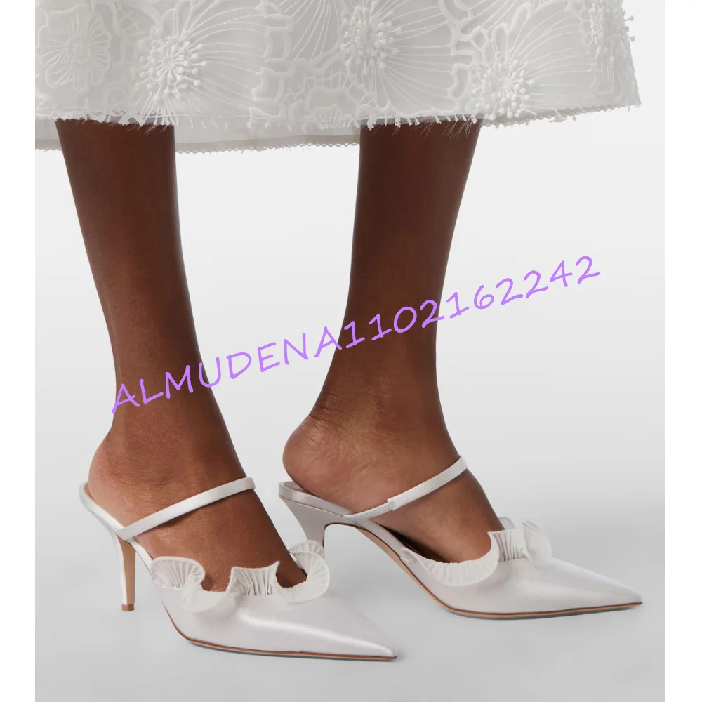 Women White Satin Ruffle Mule Heels Pointed Toe Stiletto Slip On Sandals Luxury Elegant Wedding Bridal Evening Dress Shoes 46