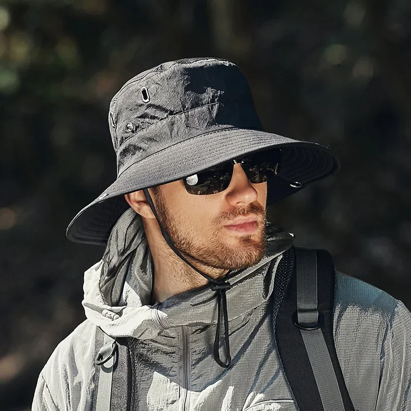 Summer Bucket Hat for Men Fisherman Cap Fishing Outdoor Sunshade Big Brim Sunscreen Riding Hiking Suncreen Sunhat