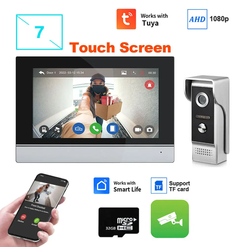 Tuya Wifi 7 Inch Touch Screen Video Intercom Family HD Video DoorPhone APP Unlock Outdoor Doorbell Waterproof Camera Systerm