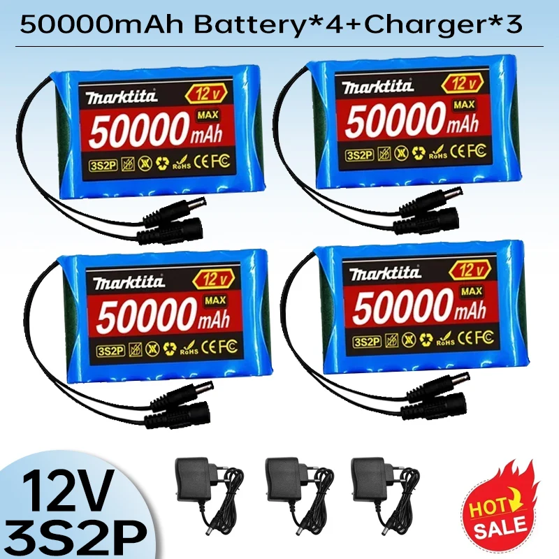 

18650 12V 50000mah Original Lithium Ion Battery 3S2P DC 12.6V 50Ah Rechargeable CCTV, Camera Monitor Replacement Battery + Charg