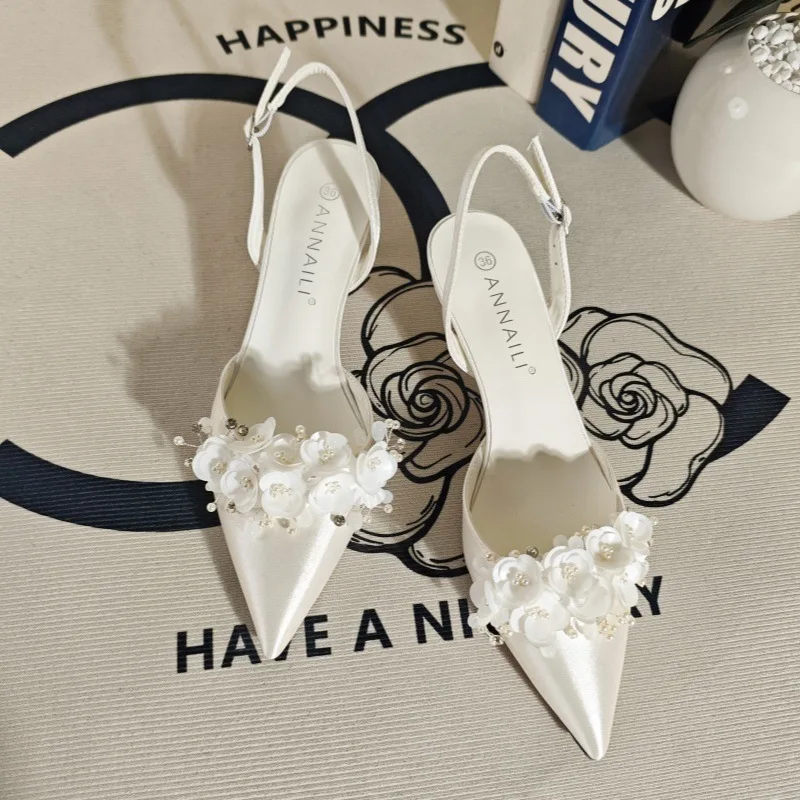 2026 new shallow-toe high heels white satin wedding shoes women sweet flower fairy style backheel single dress shoes 42 43